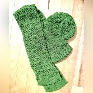 Knit Sparkly Green Women’s Hat with Brim and Matching Scarf